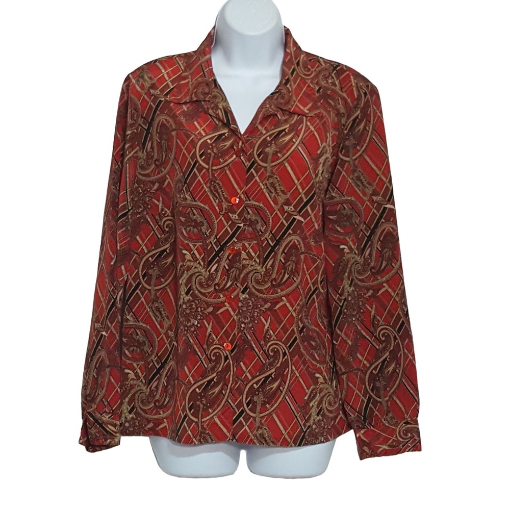 Vintage 80s Secretary Blouse M Red Shoulder Pad Button Up Long Sleeve Paisley